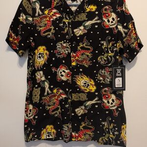 Black Short-Sleeve Tattoo Print Button-Up Shirt